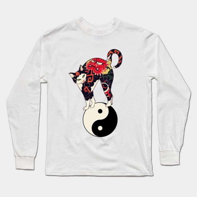 JAPANESE CAT WITH DRAGON RED DEVIL TATTOOS ON YIN YANG SYMBOL Long Sleeve T-Shirt by BulganLumini